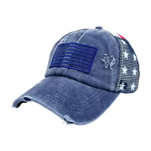 American Flag Distressed Trucker Hat Vintage Mesh Breathable Patriotic Baseball Cap for Men Women