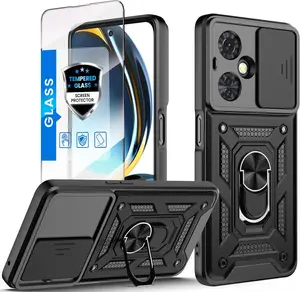 Phone Case for OnePlus Nord N30 5G Case, with Stand Kickstand Ring and Camera Cover with Tempered Glass Screen Protector, Military Grade Shockproof Protective Cover for OnePlus N30 5G (Black)