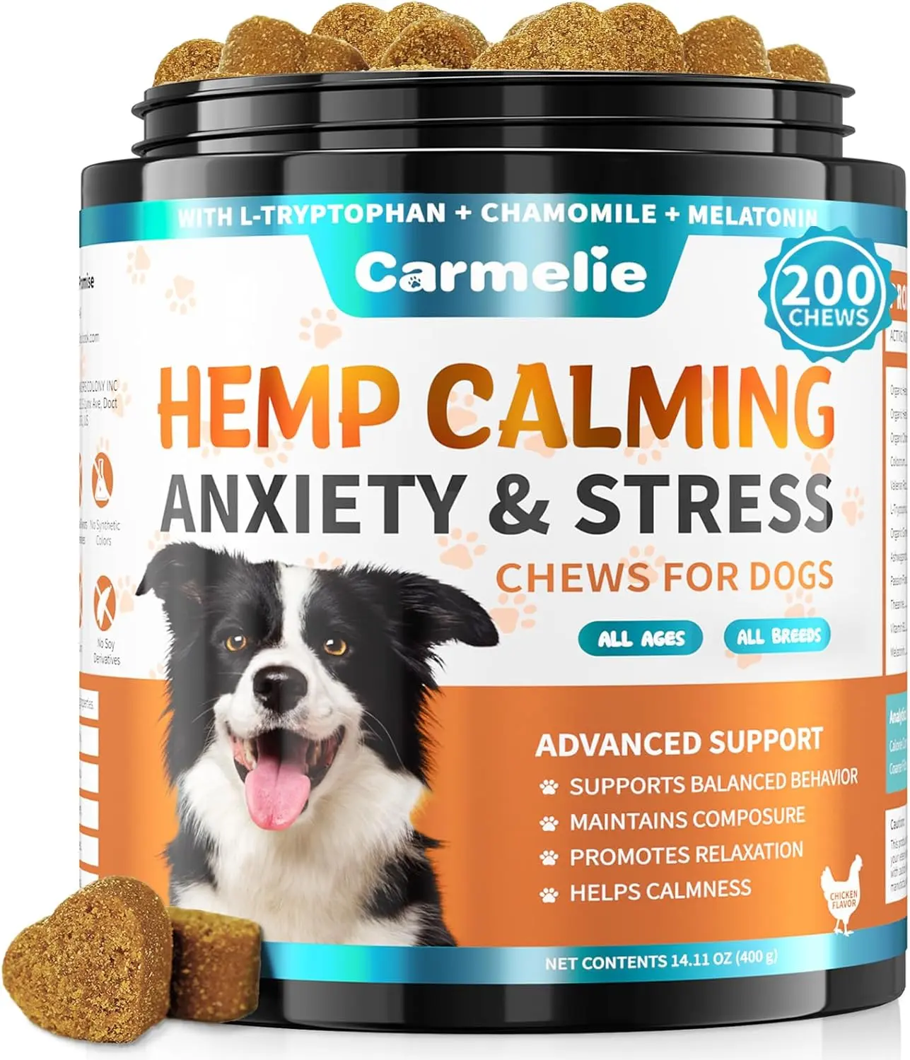 Carmelie Advanced Calming Chews for Dogs – Composure & Relaxation Treats, Soft Chews with Valerian Root & Chamomile, Tasty Chicken Flavor