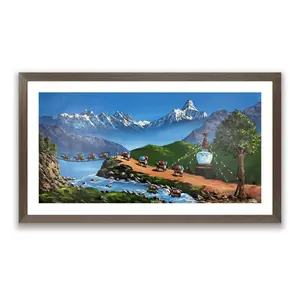 Himalayan Yak Caravan – Acrylic Canvas Painting of Machhapuchhre, Suspension Bridge & Stupa