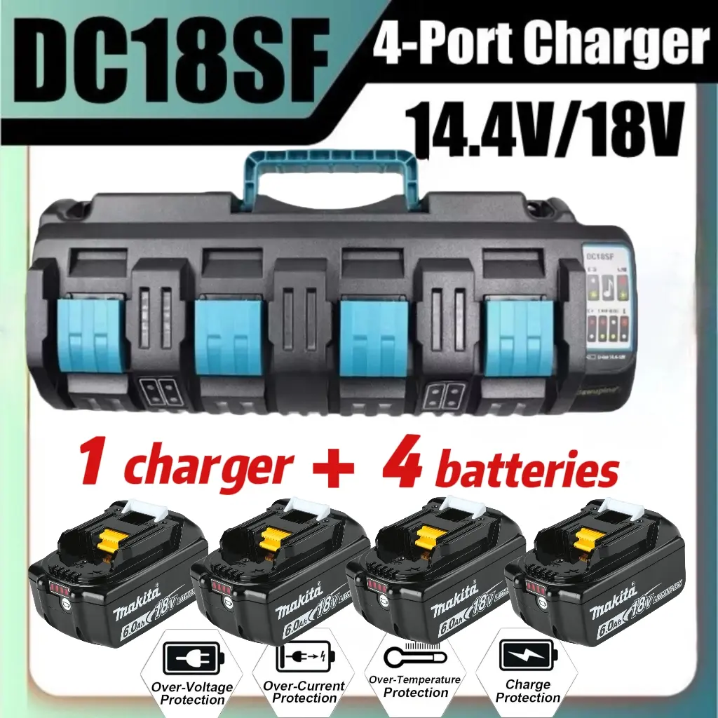 4Pack 6.0Ah LXT Lithium-Rechargeable Batteries + DC18SF 4-Port Charger for Makita 14.4V-18V LXT Power Tools, Compatible with BL1830 BL1860 1840 Batteries, High-Quality Power Tool Accessory with LED Indicator, Lithium Rechargeable Battery