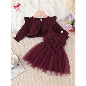 [Cute Princess Dress] 2-Pack Baby Girl Ruffled Coat Cardigan Top + Vest Bow Waist Dress |   European & American Style, Cute Flower Pattern, Mesh Splicing, Long Sleeve, Comfortable Soft Princess Dress, Suitable for 0-1-2-3 Years Old, 6-9 Months, Spring Aut