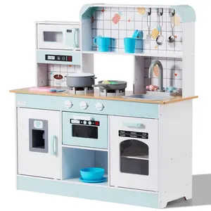 VEVOR Play Kitchen for Kids, Wooden Toy Kitchen Set with Lights and Sounds, Toddler Kitchen with Ice Maker, Oven, Sink, Microwaves, Fridge and Utensil and Fruit Accessory for Toddlers ages 3-8, White