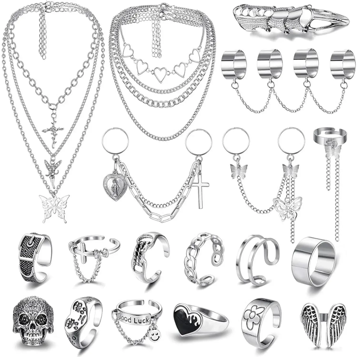 FLORIDECO 19PCS Punk Chain Rings & Layered Chain Necklace Set for Women Men Cool Goth Vintage Stackable Open Finger Rings Statement Pendant Choker Nec