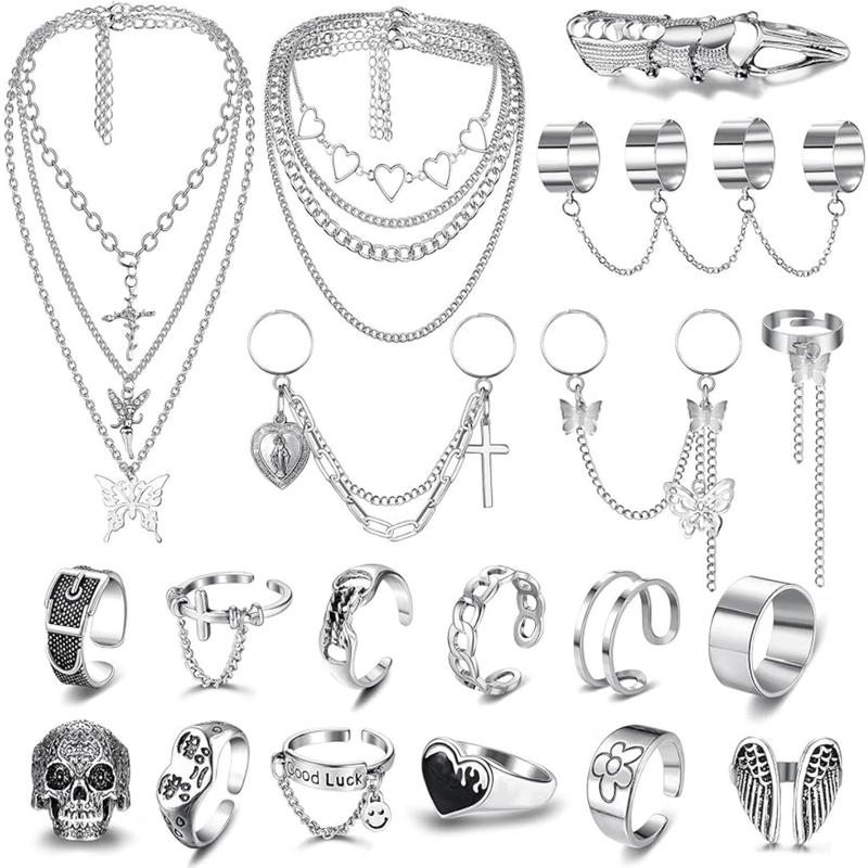FLORIDECO 19PCS Punk Chain Rings+ Layered Chain Necklace Set for Women ...