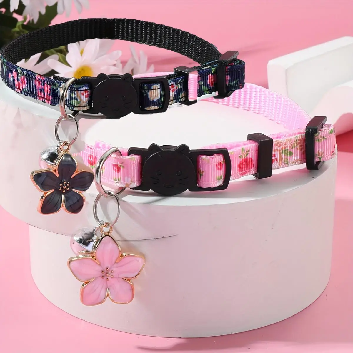 Pet Collar with Flower & Bell Pendant, 2 Counts/set Cute Pet Collar with Adjustable Safety Buckle, Pet Accessories for Small Dogs & Cats, Cat Stuff, D