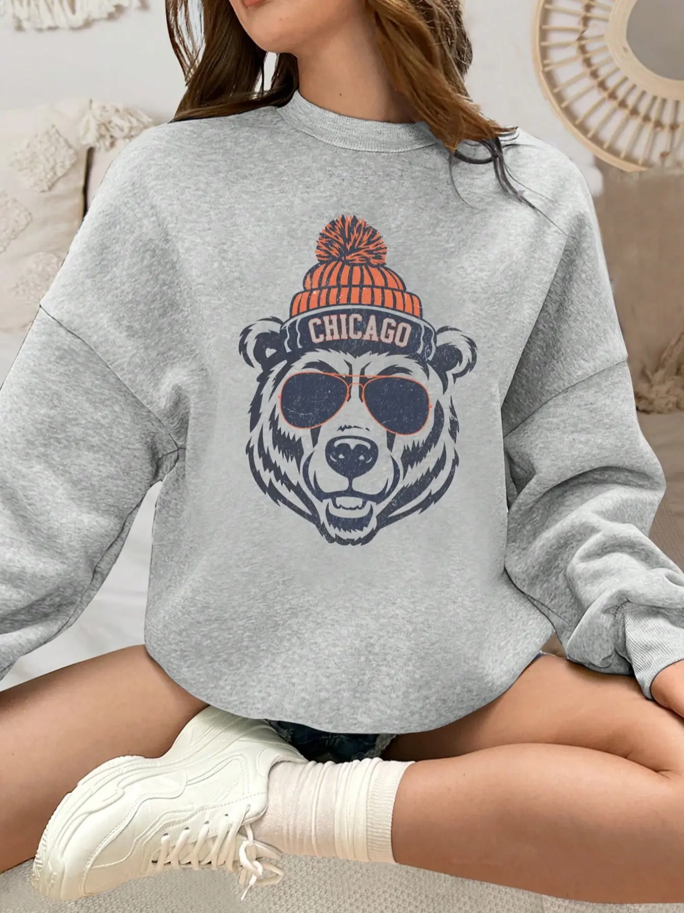 Women's Pullover Knitted Sweater with Drawstring Drop Shoulder Design, Fashion Chicago Bear Print, Casual Loose Fit for Spring & Fall