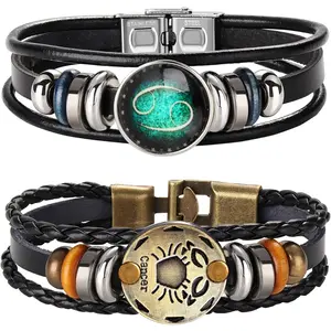 FINREZIO 2 Pcs Colorful Natural Zodiac Constellation Bracelets for Men Women Trendy Braided Leather Bracelets Retro Alloy Hand Woven Punk Chain Cuffs