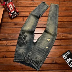 High-End Jeans Men's Autumn and Winter Trends Hole & Patch Light Luxury Printed Stretch Slim Fit Skinny Smart Trousers