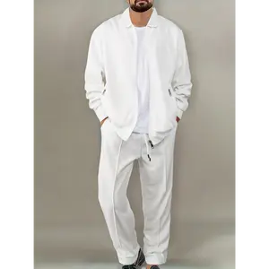 [2pcs Chic White Cardigan & Pants] 2pcs Men's Waffle Knit Casual Outfit: Chic Solid White Long Sleeve Zip-Up Cardigan & Drawstring Pants Set - Comfortable Polyester Blend, Ideal For Daily Wear & Vacation, Spring/Fall