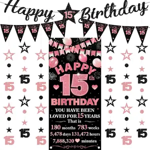 15th Birthday Decorations Banner Girls - 9 Pcs Rose Gold Black Happy 15th Bday Backdrop Triangle Bunting Glitter Number 15 Star Hanging Garland Streamers Party Supplies for Fifteen Year Old Decor