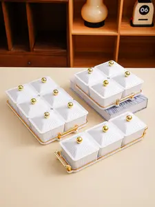 Gold Bead Decor Acrylic Snack Plate Tray with Gold Handles,Ideal for kitchen seasonings, weddings, holiday parties, coffee tables & more!