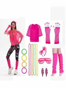 80s Women's Fashion Set, Tank Top, Mesh Blouse, Gloves, Headband, Fuzzy Leg Warmers, Glasses, Lightning Earrings, Beaded Necklaces, Bracelets.