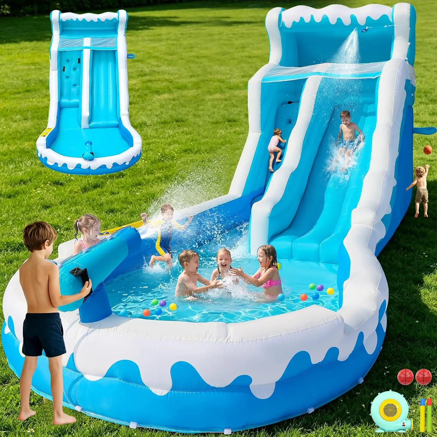 FBSPORT 20.5FT Large Inflatable Water Slide for Big Kids and Adults, Inflatable Bounce House with Water Slide, Large Pool and 550W Blower Indoor Outdoor