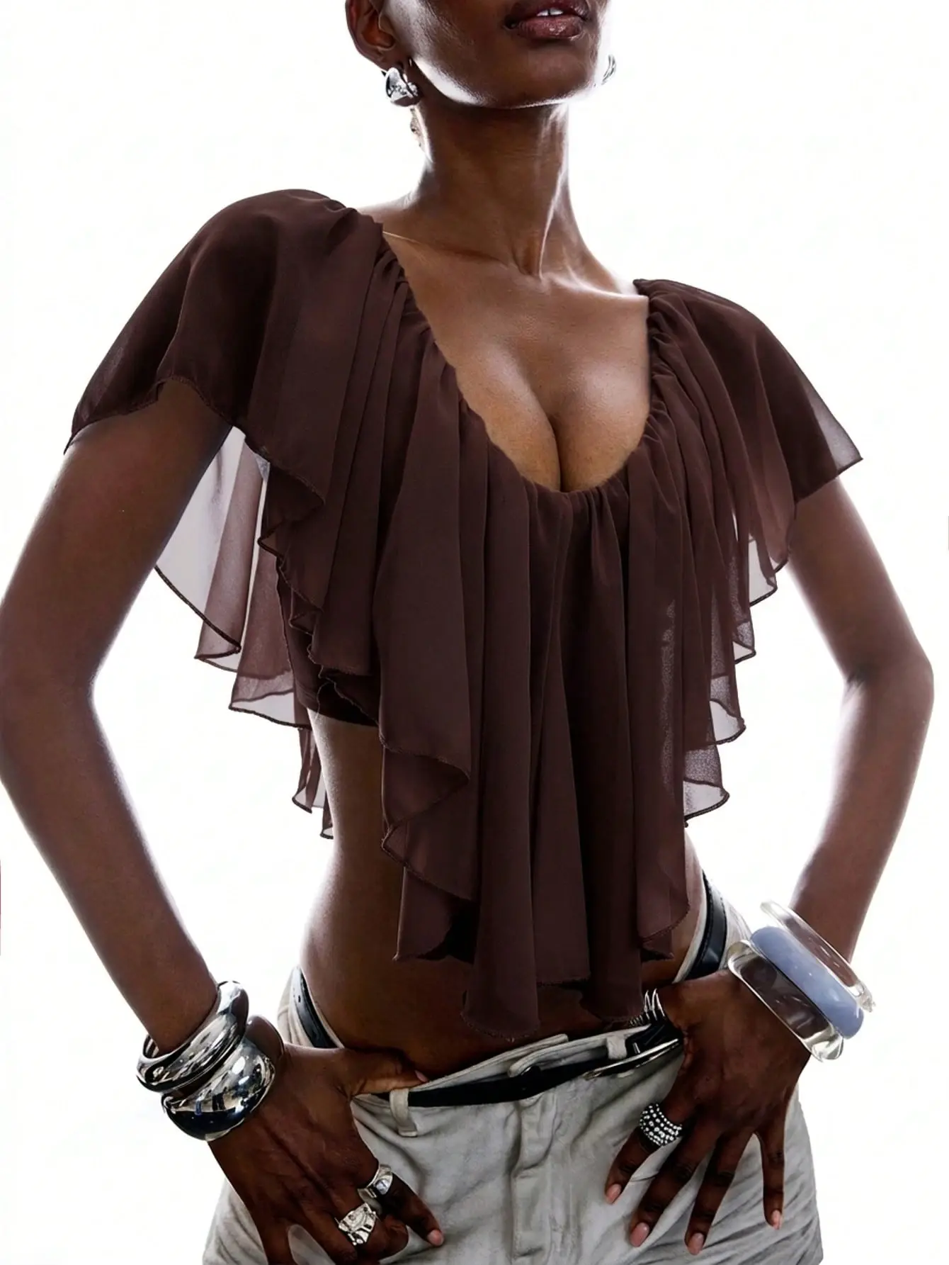 LALUZ Women's Ruffle Blouse Solid Color Asymmetric Hem Flowy Top Lightweight Summer Outfit Casual Vacation Beach Wear Elegant Chic