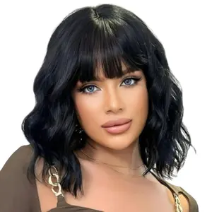 Final Sale - Black & Black with Brown & Black with Red Synthetic Wavy Curly Bob Wig with Bangs Short Hair glueless wig for Women Synthetic Heat Resistant Bob Wigs