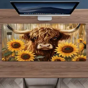 Highland Cow & Sunflower Pattern Desk Mat, Rectangle Gaming Mouse Pad, Non-slip Rubber Pad, Aesthetic Desktop Decoration Protection Pad, Desktop Accessory