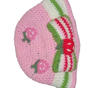 Strawberry Shortcake Crochet Bucket Hat - Pink with Green and Red Accents, Perfect for Summer