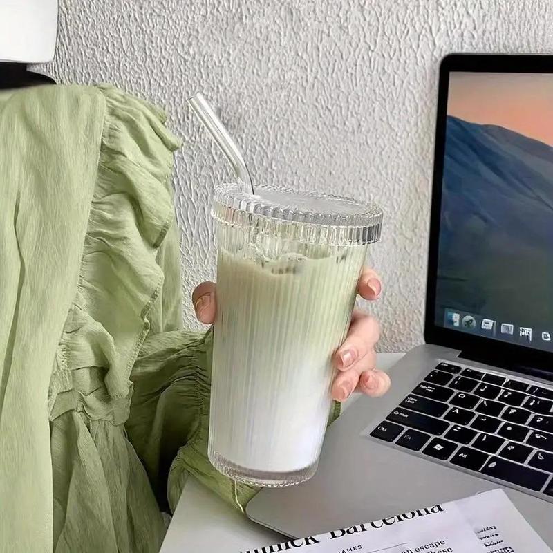 Set of 2 - 20oz Ribbed Glass Tumblers w/ Lids & Straws | Shatter-Resistant & Elegant | Leak-Proof Lid for Cold Drinks, Slushies, Ice Tea & More BritLuxuryFinds kitchen gadgets