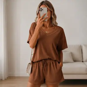 Women's Casual Waffle Knit Two-Piece Set – Short Sleeve V-Neck Top & Loose Sweatpants, Off-Shoulder Cozy Loungewear
