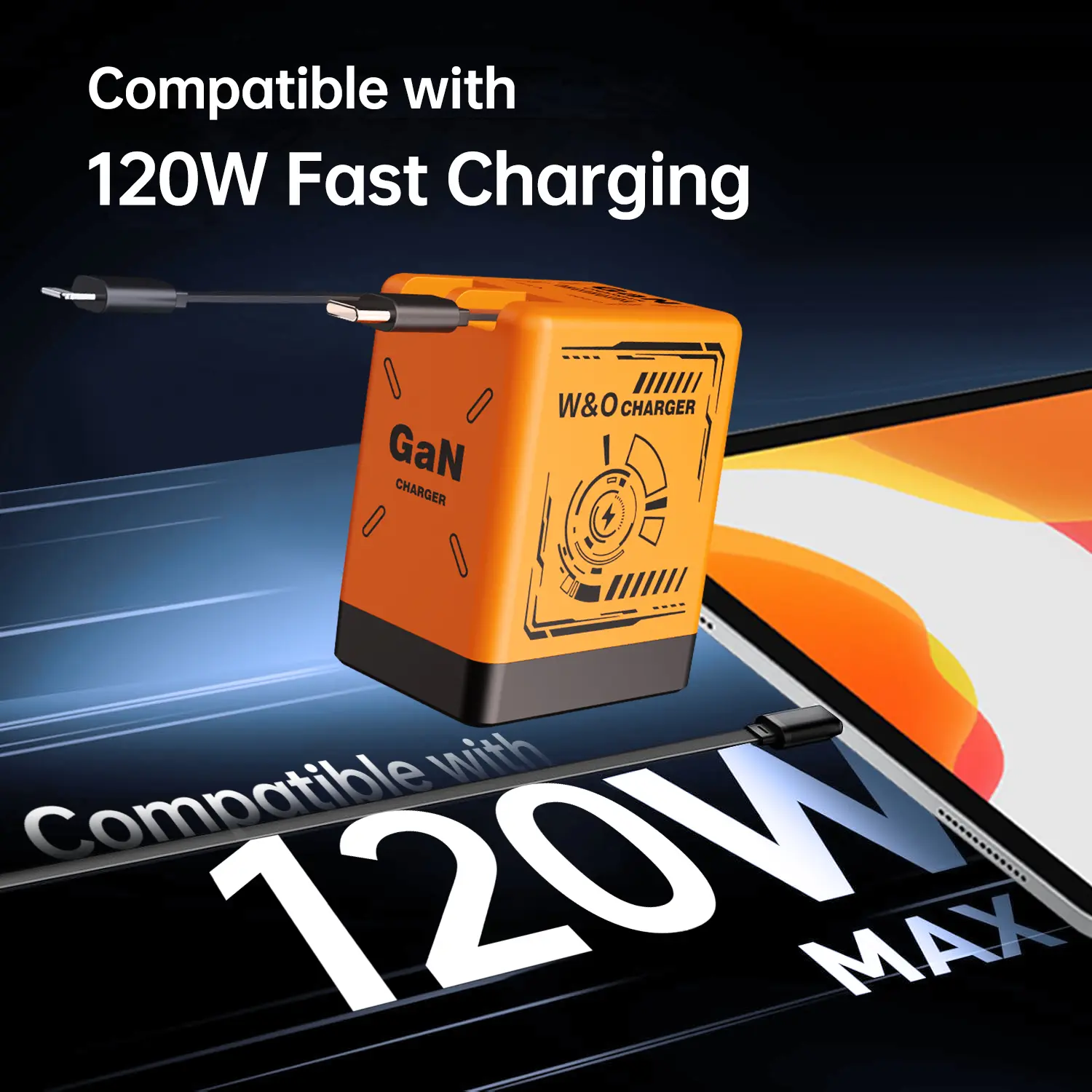 Gan Smart Charger, 2-in-1 Gan 120w Fast Charger, 2 in 1 Gan Charger, Retractable Wall, All in 1 Foldable Plug for Most Models, Fast Charging Power Adapter for Smartphone