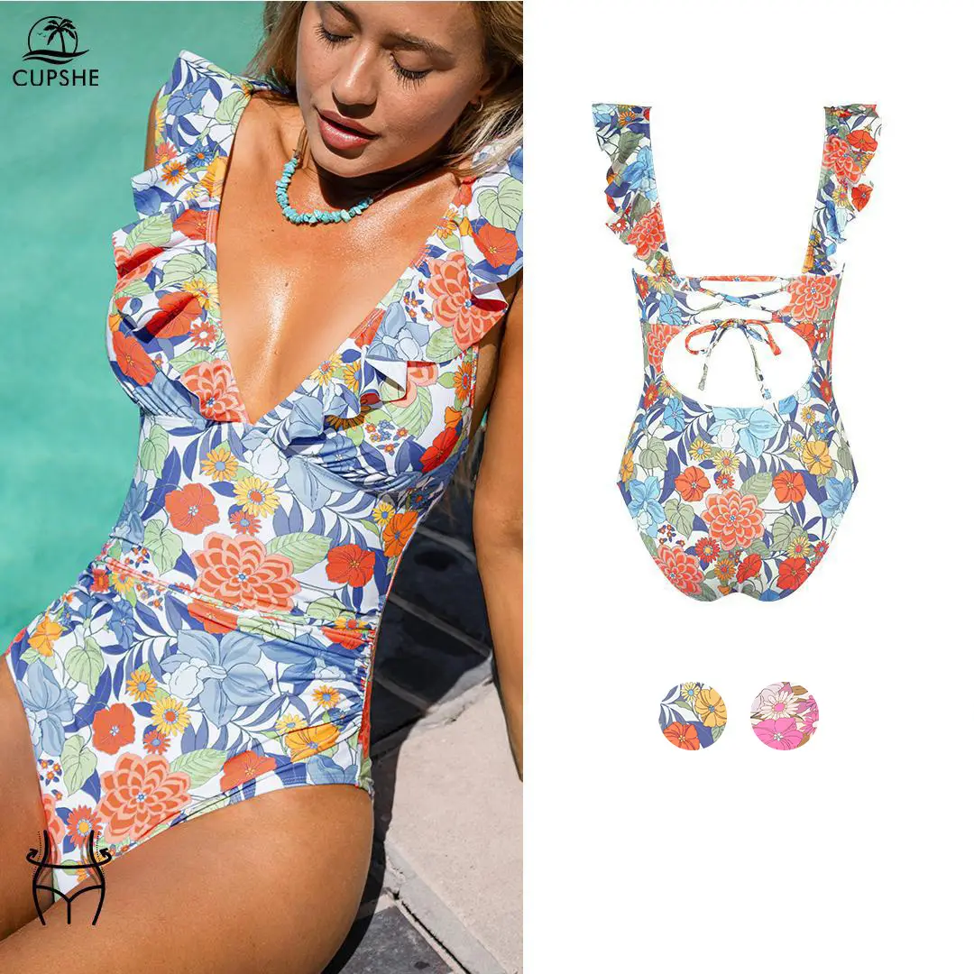 CUPSHE Floral Plunging Flutter Strap Tummy Control One-Piece Swimwear Removable Soft Cups Back Cutout Summer Swimsuit(XS-XXL) Swimming Bathing Suits