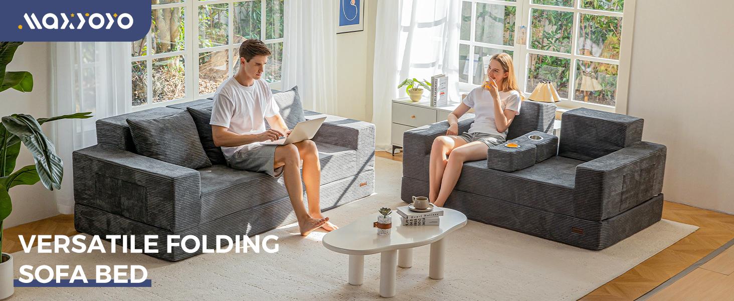 MAXYOYO Sofa Bed, 4 in 1 Foldable Floor Sofa Couch in A Box with 2 Cup Holders, Convertible 3 Seater Boneless Couch Folding Recliner Sleeper Chair for Living Room, No Assembly Required