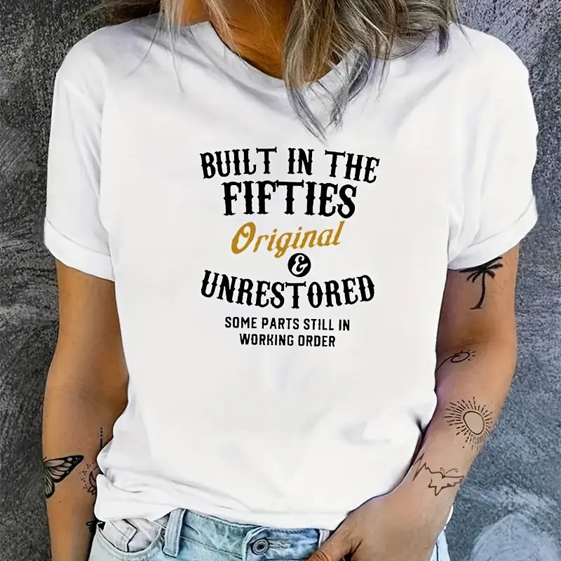 Women's Built in the Fifties Graphic T-Shirt, a Casual Short Sleeve Round Neck Top with a Regular Fit for Summer Vacation, Craft Ideas