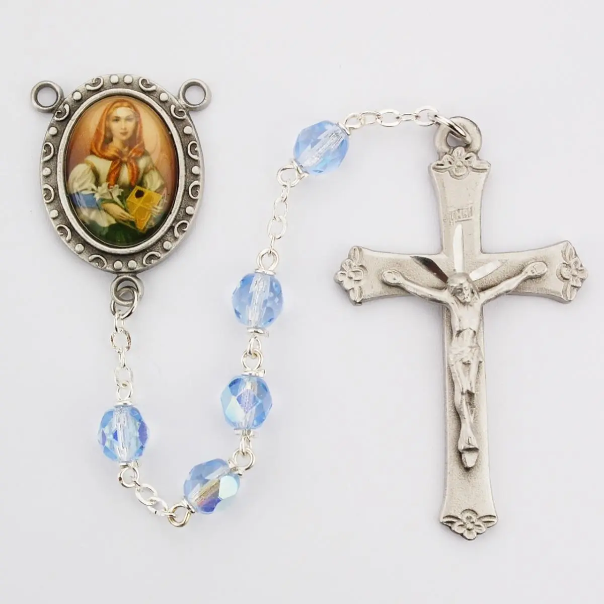 McVan R190DF Traditional Religious 6 mm Glass St. Dymphna Cross Rosary Set - Blue, Ideal Gift for Religious Decor