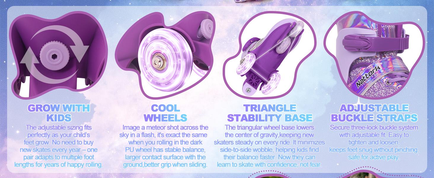 Tri-Wheel Roller Skates for Beginner Kids, 4-Size Adjustable Skates with Triple Lock-Up System for Indoor & Outdoor Play