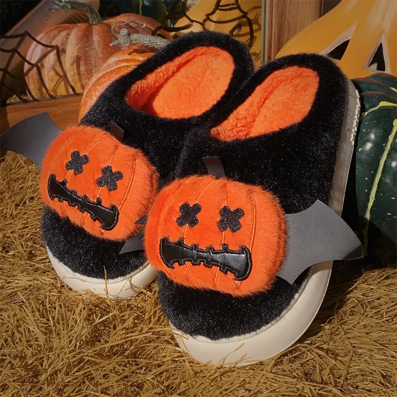 XIXITIAO Halloween Pumpkin Cute Slippers Women Men,Funny Spooky Lantern Cartoon Non-Slip Memory Foam EVA Sole Footwear,Faux Fur Soft Fuzzy House Shoes,Warm Fall Winter Slip-On Plush Slides Indoor Outdoor,Unique Holiday Gift