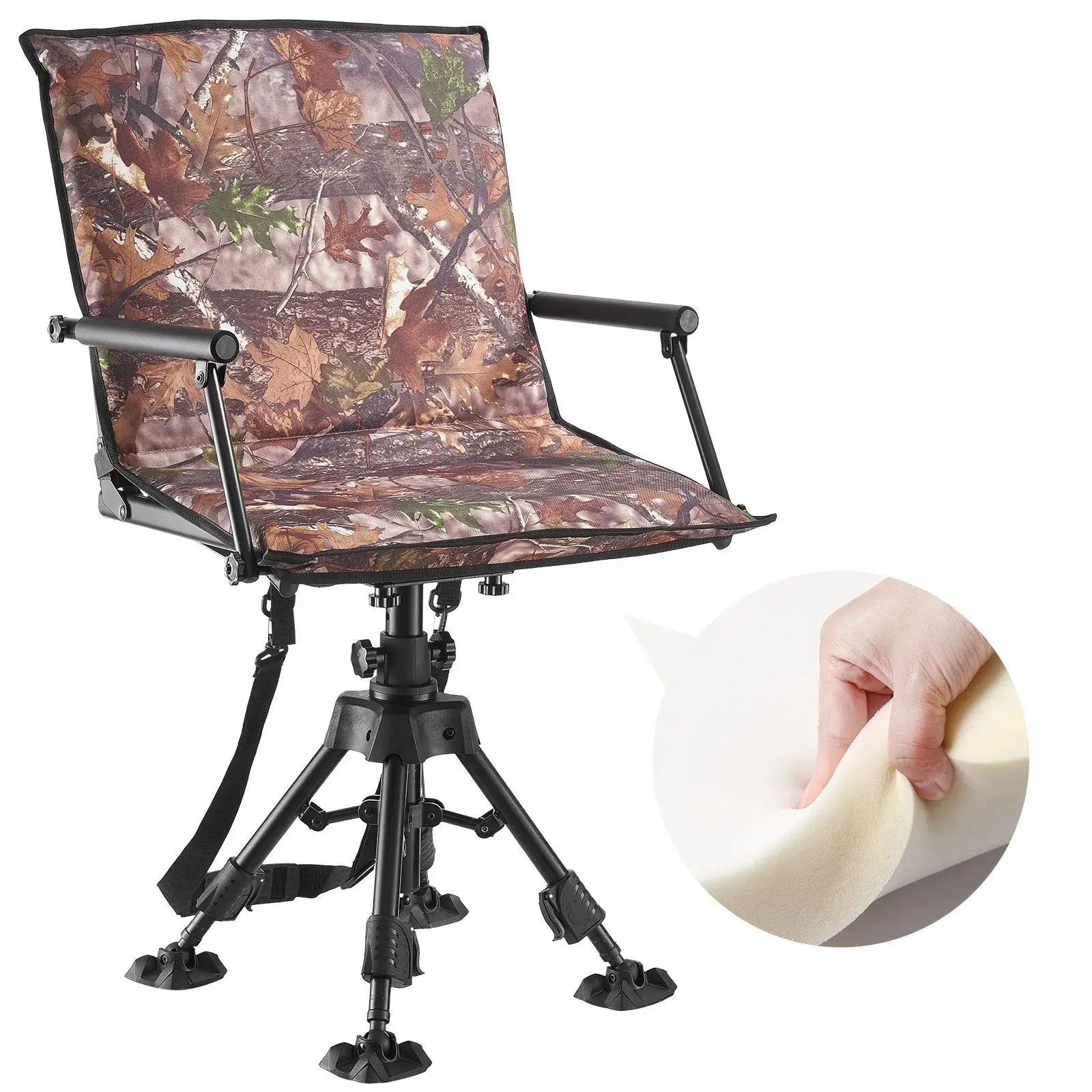【Summerfinds】VEVOR Hunting Chair - 360° Silent Swivel Foldable Portable Folding Seat, Heavy-Duty Steel Frame Ground Stool with Armrests & Cover, Anti-Sink Feet, Height Adjustable, 350 lbs Capacity, Durable & Stable Customizable Fit for Camping