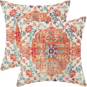 AEIOAE Boho Aesthetic Pillow Covers 18x18 Inch Set of 2,Carpet Pattern Throw Pillows Case,Orange Blue Ethnic Design Outdoor Decorative Square Linen Farmhouse Decor Cushion for Home Sofa Bed Couch,(ZHH122801)