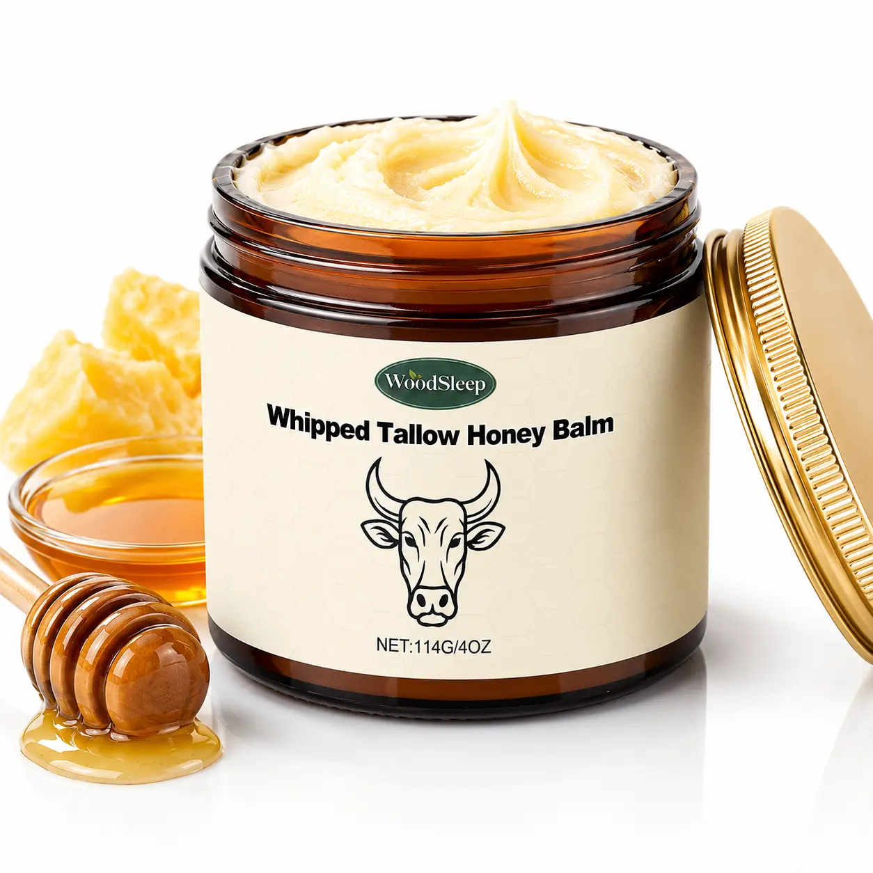 Grass Fed Whipped Tallow Honey Balm for Face & Body, Deep Moisturizer for Dry Sensitive Skin, Natural Skin Care Cream 4oz
