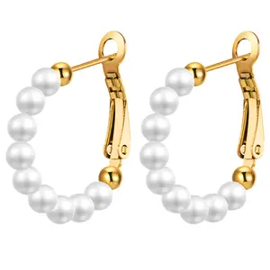 Pearl Hoop Earrings for Women: Gold Plated Round Circle Pearl Drop Hoop Earrings - Birthday Christmas Gifts for Women Girls Party