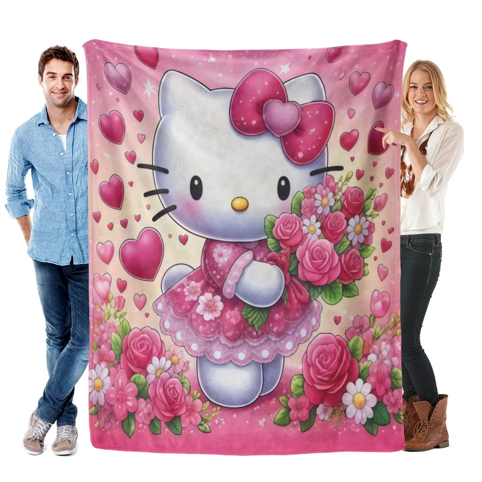 Hello Kitty Pastel Rose Love Heart Cozy Blanket, Breathable Flannel Material For Girls Sofa Lazy Lounge Nights