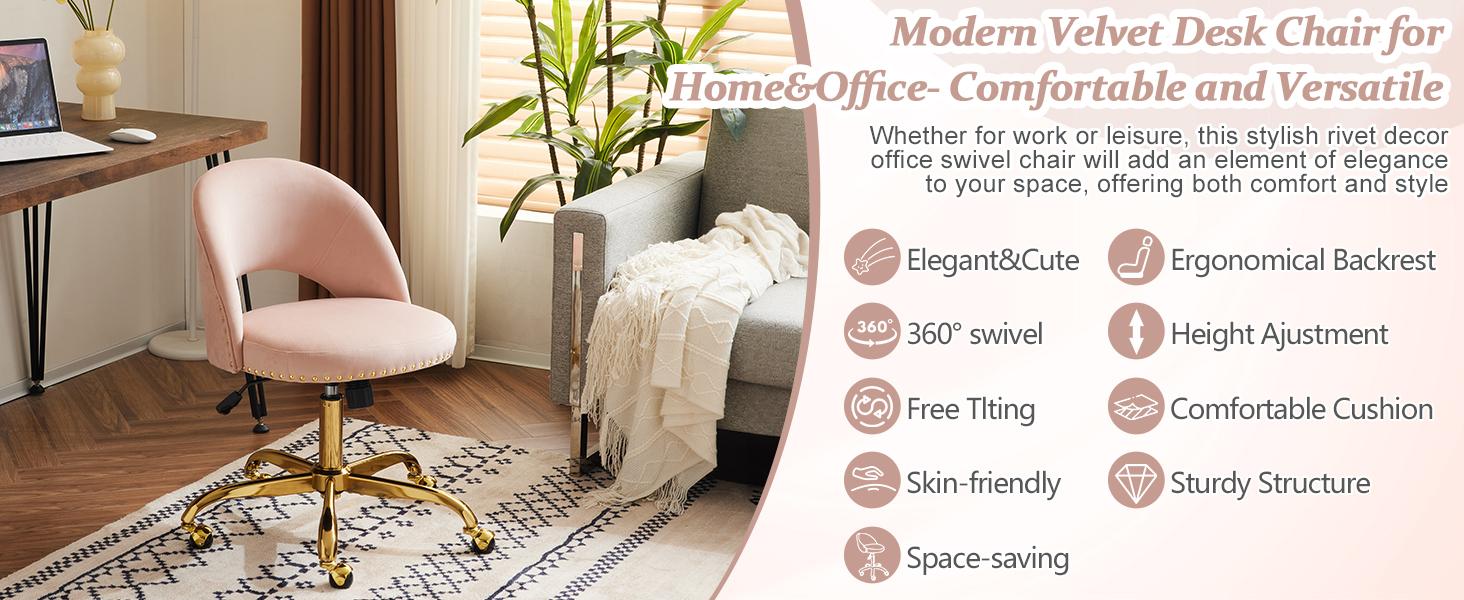 Karlhome  Modern Velvet Small Office Chair,Cute Desk Chair with Wheels,Gold Base/Studs, Comfy Armless Swivel Vanity Task Chair for Women/Girl/Kids, Nail Tech Chair for Bedroom,Small Space,Pink