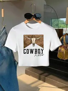 Retro Cowboy Killer T-shirt, Round neck, Western long horned leopard print summer crop top, Western style tank top, Y2K Spice Girl short top, Leopard print tank top T-shirt, Cowboy Girl Style, Summer T-shirt, Fit, Casual
