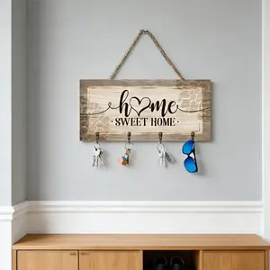 2D flat, warm family wooden keyhook (thickness 0.5cm) with four metal Storage hooks, Home Organizer Hook, wall decoration, porch decoration, room decoration, villa decoration, four season home decoration