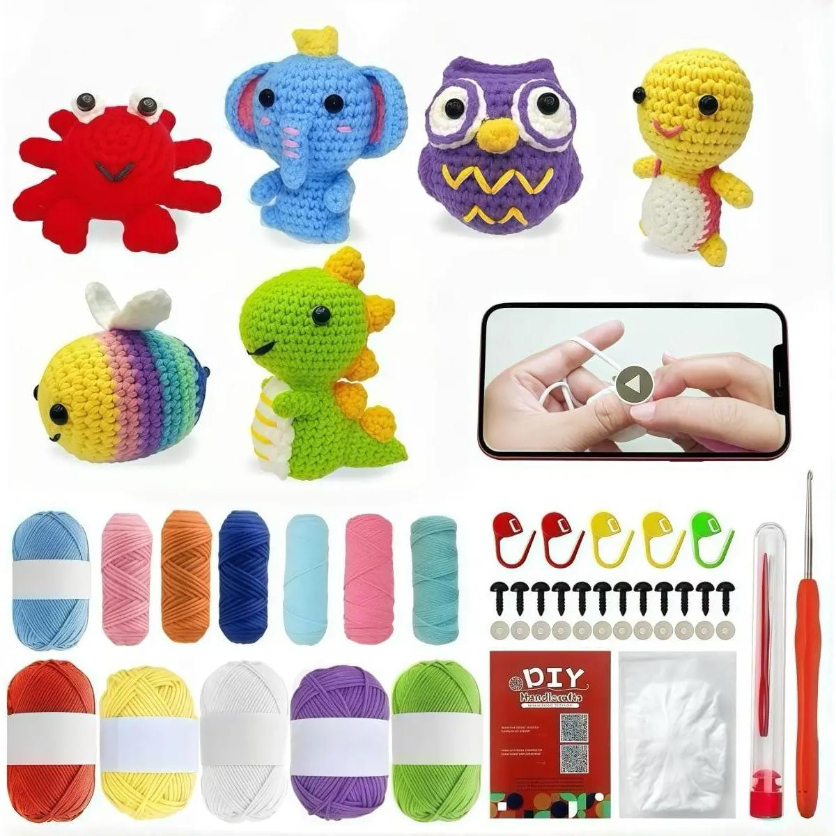 6Pcs Crochet Kit for Beginners, DIY Crochet Animal Kits with Step-by-Step Video Tutorials Beginner Knitting Kit for Adults DIY Stuffed Animals Valentine's Day Craft Gift for Starter (Turtle)
