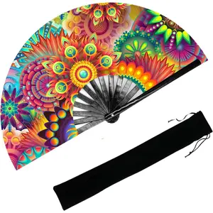 13'' UV Glow Large Rave Fan for Men Women, Decorative Folding Hand Fan for Party,  Decoration, ,  Festival Essential, Rave Accessories (Sun )