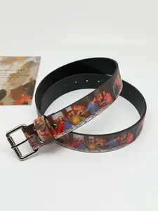 Women’s Vintage  Leather Belts for Jeans Pants Fashion Trendy Exquisite Belt Ladies Belt with Silver Buckle & Oil Painting Print Vintage Western Belt