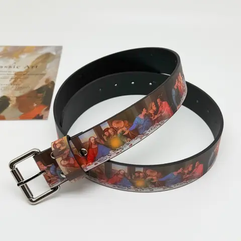 Women's Vintage  Leather Belts for Jeans Pants Fashion Trendy Exquisite Belt Ladies Belt with Silver Buckle & Oil Painting Print Printed Belts Street Style Belt Vintage Western Belt