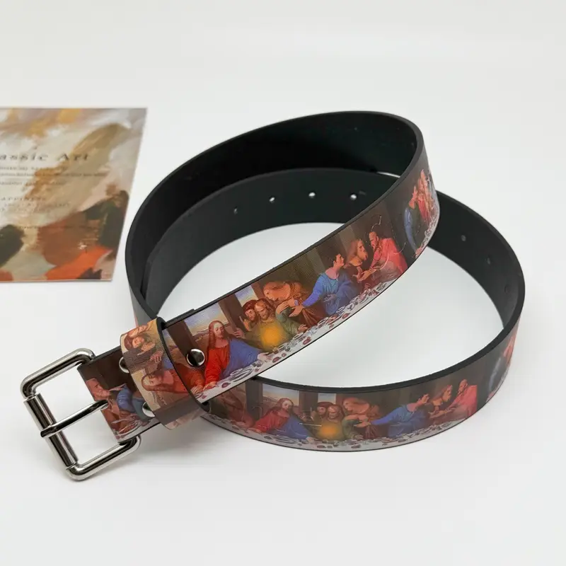 Women's Vintage Leather Belts for Jeans Pants Fashion Trendy Exquisite Belt Ladies Belt with Silver Buckle & Oil Painting Print Printed Belts Street Style Belt Vintage Western Belt