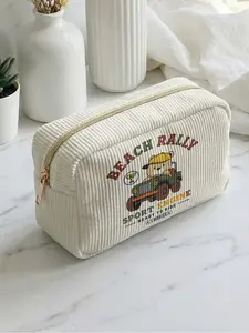 1 piece of 2D printed makeup bag with teddy bear racing pattern + BEACH RALLY, large capacity design, Makeup Pouch |suitable for all seasons/general use| fits daily skincare and various cosmetics | perfect for life and travel