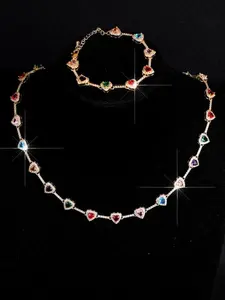 Women's 18k Gold Plated Zircon Heart Necklace Bracelet Set, Elegant Copper Design, Daily Wear Fashion Accessory
