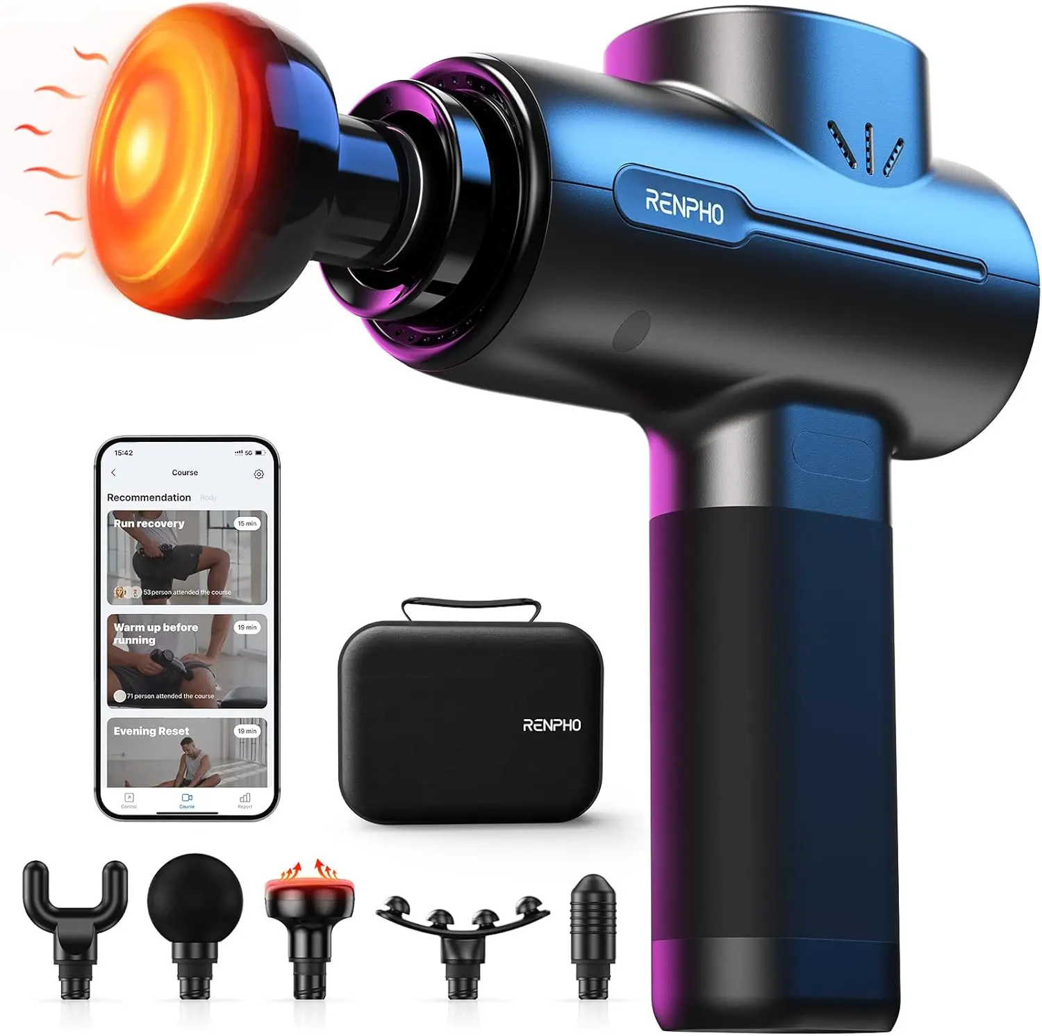 RENPHO Active+ Thermacool Massage Gun, Heat and Cold, App, Video Tutorials, Handheld Percussion Massager, Deep Tissue Muscle Relaxation, 5 Speeds, 5 Heads, Carry Case, For Starters and Fitness Lovers