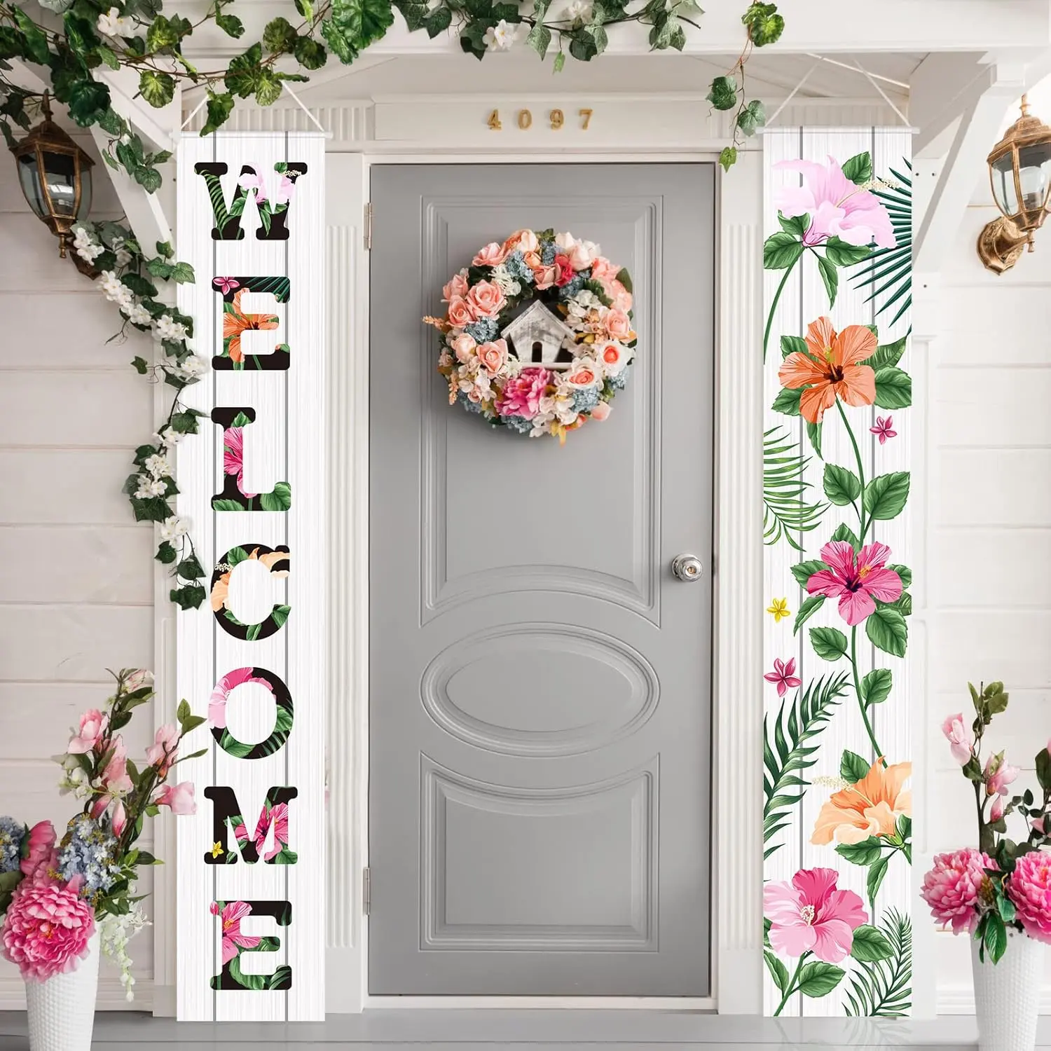 Bright Style Spring Welcome Flower Porch Banner (180x30cm) - Summer Hanging Logo Banner, Home Supplies Gift for Front Door Outdoor Seasonal Wedding Decoration, Farmhouse Interior Wall Backdrop
