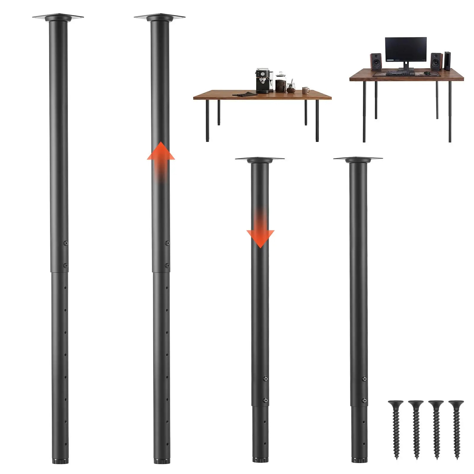 VEVOR 4 PCS Heavy-Duty Straight Flat Black Powder Coated Carbon Steel Furniture Legs, 24-40 in Adjustable Height, 1200 lbs Load Capacity, Wobble-Reduced, Fingerprint-Resistant, Easy to Install, Ideal for Home Office Desks, Workbenches