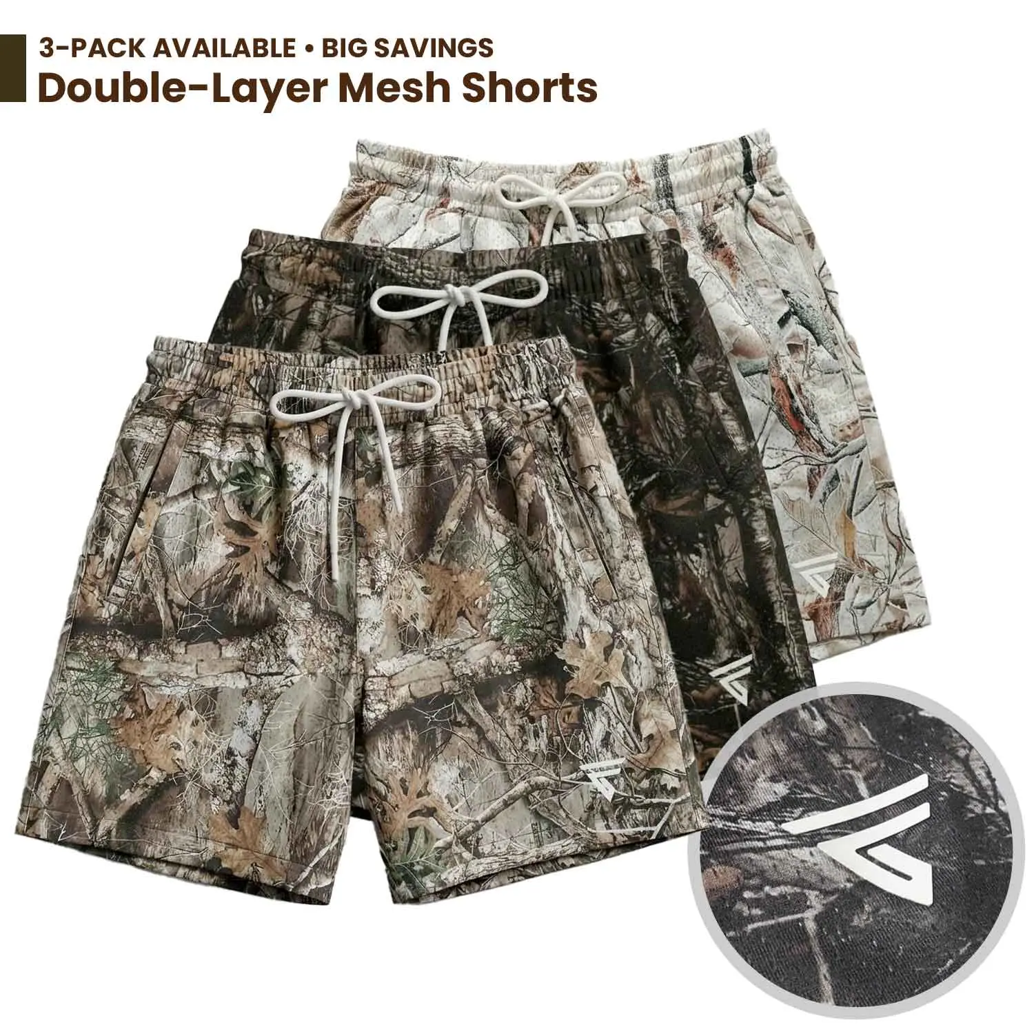 Pack 3 Men’s Hunting Camo Double-Layer Shorts – Breathable Gym/Running Shorts with Zip Side Pockets & Back Pocket, Streetwear Backstreetball Style, Gift for Him